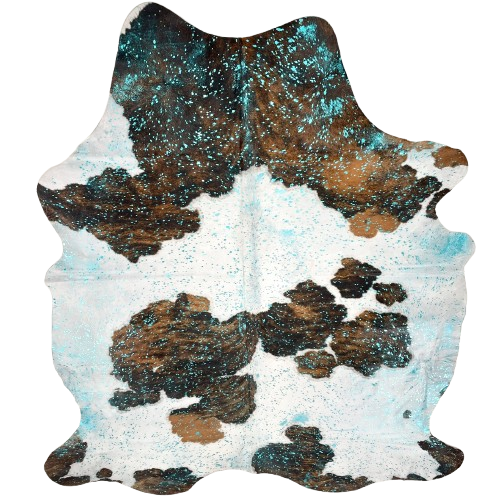 Large Tricolor Colombian Cowhide w/ Turquoise Acid Wash - 7'8" x 5'8" (COAW519)