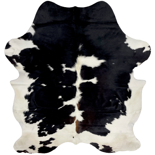 Black and White Colombian Cowhide:  white with large and small, black spots, brown on part of the spine, and white on the belly - 6'9" x 5'3" (COBKW237)