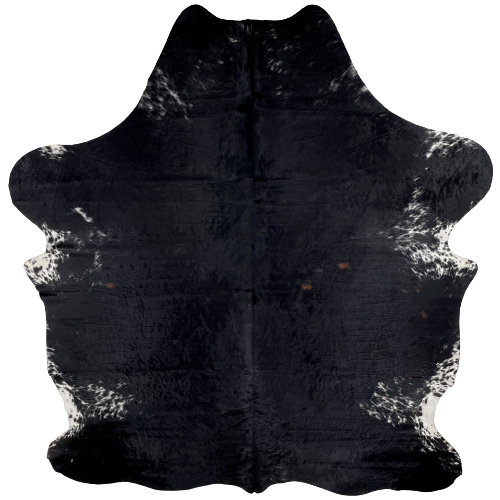 Black and White Colombian Cowhide:  mostly solid black, with a couple small, brown spots, and it has a few small, white spots on the belly and shanks - 7'2" x 5'9" (COBKW240)