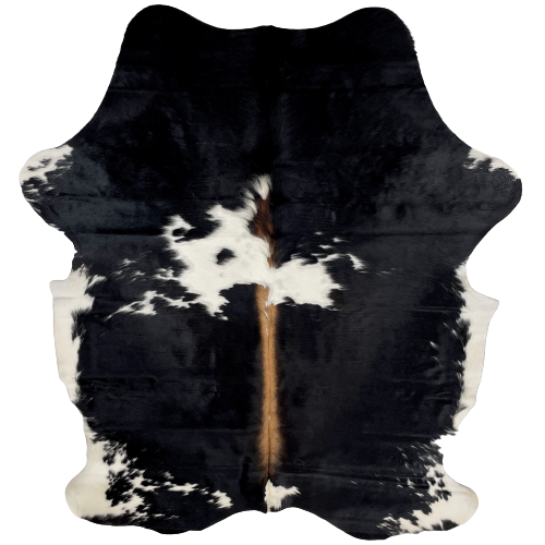 Black and White Colombian Cowhide:  black with white spots, white on the belly, white with black spots on the shanks, and brown down the spine - 6'7" x 4'10" (COBKW246)