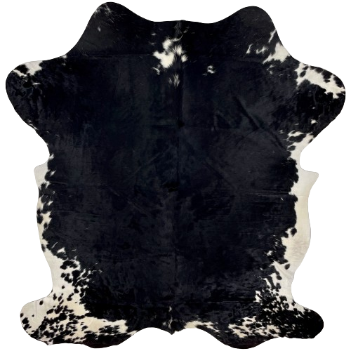 Black and White Colombian Cowhide:  black, with a few small, white spots in the middle of the shoulder, and it has white, with small, black spots, on the belly, butt, and shanks - 7'2" x 5'4" (COBKW249)