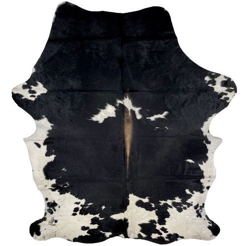 Large Black and White Colombian Cowhide:  black, with brown down part of the spine, and white spots that have faint, cloudy, black spots - 7'8" x 5'7" (COBKW268)