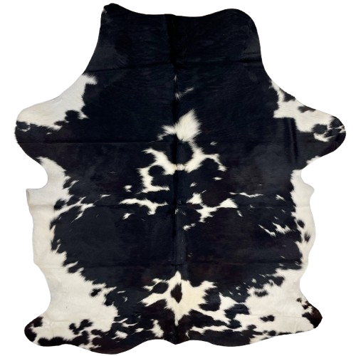 Black and White Colombian Cowhide: white with large and small, black spots, and some having hints of dark brown mixed in with the black - 7'5" x 5'6" (COBKW277)