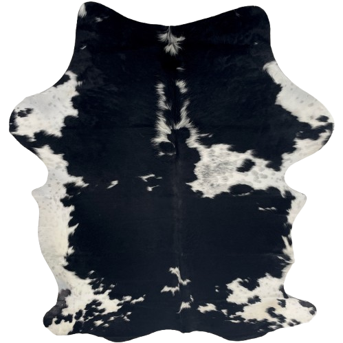 Colombian Black and White Cowhide: black with small and large, white spots, some having black speckles, and longer hair down part of the spine - 7'4" x 4'11" (COBKW281)