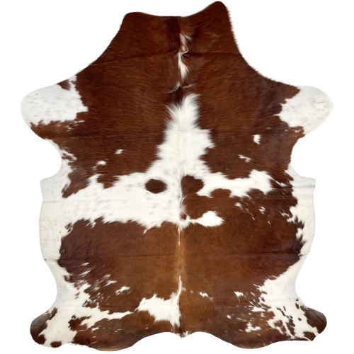 Brown and White Colombian Cowhide: white with faint, brown speckles, and large and small, brown spots - 6'10" x 4'11" (COBNW353)