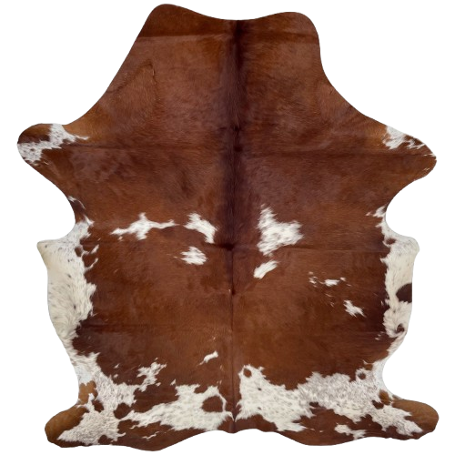 Reddish Brown and White Colombian Cowhide: reddish brown with large and small, white spots that have reddish brown speckles - 6'9"x 5' (COBNW357)
