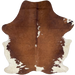 Large Brown and White Colombian Cowhide: brown with white spots down the middle, and off-white on the belly and hind shanks - 7'10" x 5'10" (COBNW385)