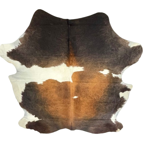 Large Brown and White Colombian Cowhide: has red brown, dark brown, and white spots - 7'8" x 6'3" (COBNW387)