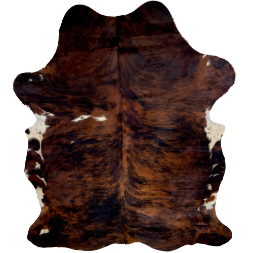 Red Brown and Black Colombian Brindle Cowhide:  red brown and black, with a couple small, white spots on the left side and on the shanks, and white with red brown and black spots on the belly - 6'11" x 5'2" (COBR1002)