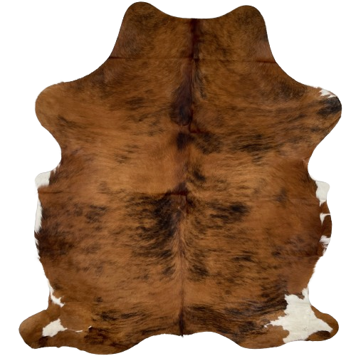 Brown and Black Colombian Brindle Cowhide:  brown with black, brindle markings, and it has a splash of white on the right fore shank and both of the hind shanks  - 6'10" x 5'4" (COBR1143)