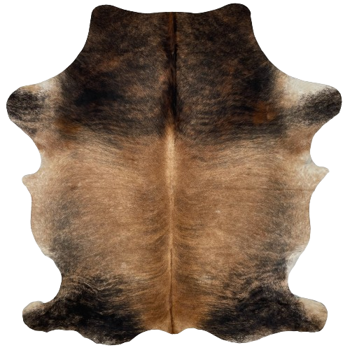 Brown and Black Colombian Brindle Cowhide:  brown with faint, black, brindle markings on the back and belly, and it has a mix of black and brown on the shoulder, butt, and shanks - 6'8" x 5'4" (COBR1144)