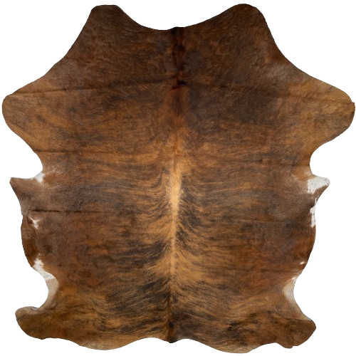 Brown and Black Colombian Brindle Cowhide:  brown with black, brindle markings, and a splash of white on the belly - 7'5" x 5'10" (COBR1237)