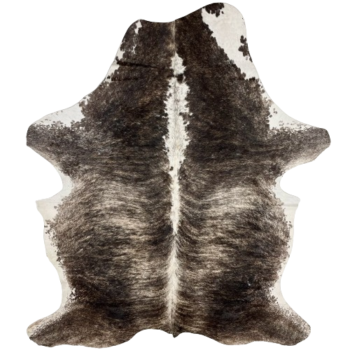 Large Black and Off-White Colombian Brindle Cowhide:  off-white with black, brindle markings, and hints of blackish brown on the butt and shoulder, and it has white, with black speckles down the spine, and white on the belly and part of the shanks - 7'8" x 5'3" (COBR1239)