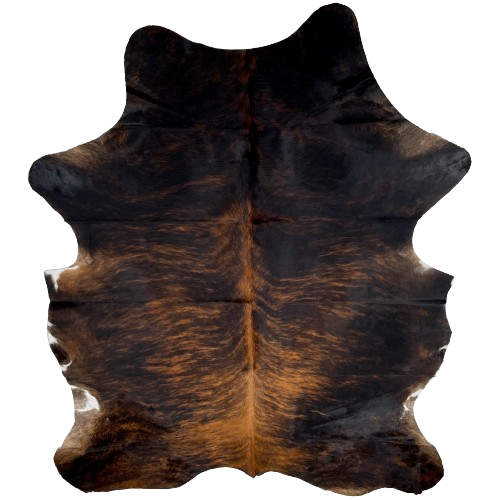 Large Black and Red Brown Colombian Brindle Cowhide:    black with red brown, brindle markings, and it has a splash of white on the belly  7'11" x 6'1" (COBR1240)