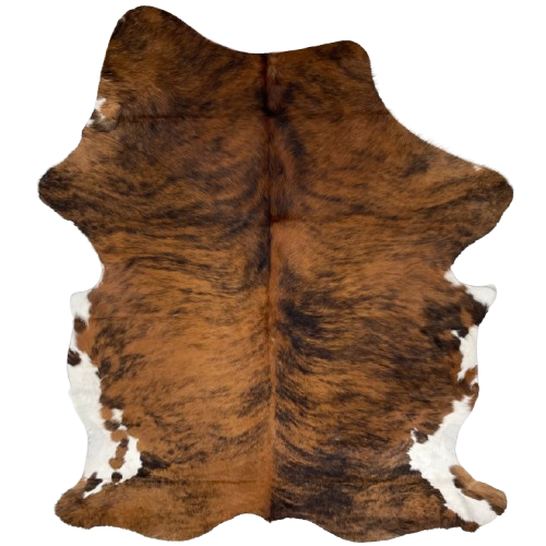 Brown and Black Colombian Brindle Cowhide: brown with black, brindle markings, and white on part of the belly and hind shanks - 7'2" x 5'2" (COBR1399)