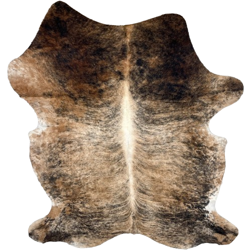 Large Brown and Black Colombian Brindle Cowhide: light brown with black, brindle markings, off-white down the spine, and dark brown, with black, brindle markings on the shoulder - 7'11" x 5'9" (COBR1473)