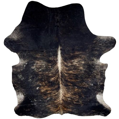XL Black and Brown Colombian Brindle Cowhide: black with brown, brindle markings, with some white speckled spots, white down part of the spine, and mostly black on the shoulder - 8' x 5'10" (COBR1474)