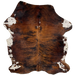 Reddish Brown and Black Colombian Brindle Cowhide: reddish brown with black, brindle markings, and white with brown and black speckles on the belly - 6'5" x 4'11" (COBR1498)