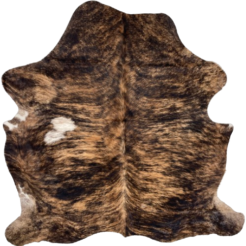 Brown and Black Colombian Brindle Cowhide: brown with black, brindle markings, and a white spot on the left side of the back - 6'3" x 5'4" (COBR1562)