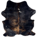 Black and Brown Colombian Brindle Cowhide: black with brown, brindle markings, and a white spot in the middle of the shoulder, and another on the left side of the back - 7'4" x 5'7" (COBR1570)