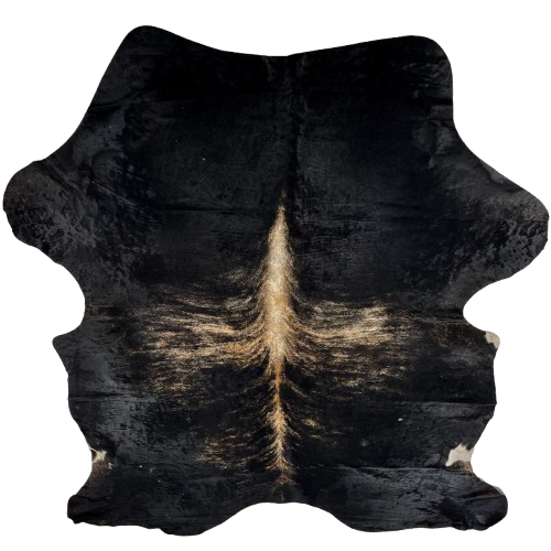 Large Black, Brown, Off-White Colombian Brindle Cowhide: black with brown and off-white, brindle markings down the middle, off-white and brown down part of the spine, and it has a beautiful, natural sheen - 7'7" x 5'9" (COBR1599)