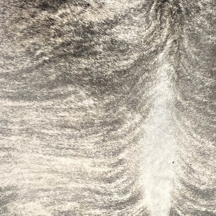 Closeup of this Large Colombian Brindle Cowhide, showing ivory with black and gray, brindle markings (COBR1601)