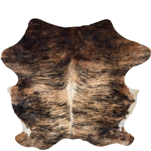 Brown, Tan, Black Colombian Brindle Cowhide: brown and light tan, with black, brindle markings, and off-white on part of the belly - 6'10" x 5'6" (COBR1611)