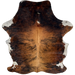 Reddish Brown and Black Colombian Brindle Cowhide: golden brown and dark reddish brown with black, brindle markings, and white with black and brown speckles on the belly and part of the shanks - 7'3" x 5'1" (COBR1626)