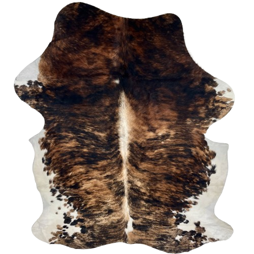 Brown and Black Colombian Brindle Cowhide: brown with black, brindle markings, and white down the spine and on the belly and shanks - 6'11" x 4'11" (COBR1713)