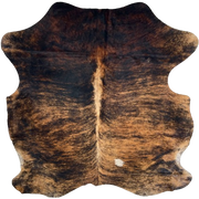 Reddish Brown and Black Colombian Brindle Cowhide: reddish brown with black, brindle markings, lighter brown down the spine, and one white spot on the right side of the back - 6'6" x 5'7" (COBR1728)