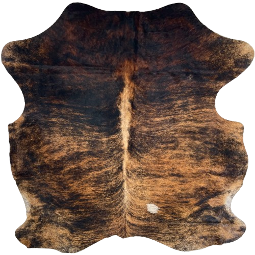 Reddish Brown and Black Colombian Brindle Cowhide: reddish brown with black, brindle markings, lighter brown down the spine, and one white spot on the right side of the back - 6'6" x 5'7" (COBR1728)