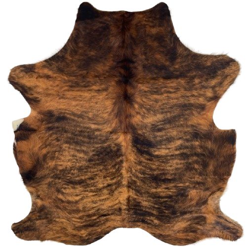 Reddish Brown and Black Colombian Brindle Cowhide: has long hair that is reddish brown with black, brindle markings - 6'6" x 5'3" (COBR1739)
