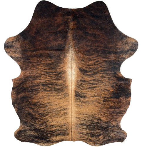 Brown and Black Colombian Brindle Cowhide: brown with black, brindle markings, reddish brown on the shoulder, belly, and shanks, and off-white down part of the spine - 6'10" x 5'3" (COBR1746)