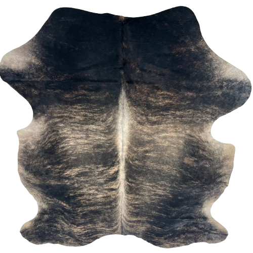 Black and Lt Tan Colombian Brindle Cowhide: black with light tan, brindle markings, mostly black on the shoulder, and white down the spine - 6'11" x 5'7" (COBR1749)