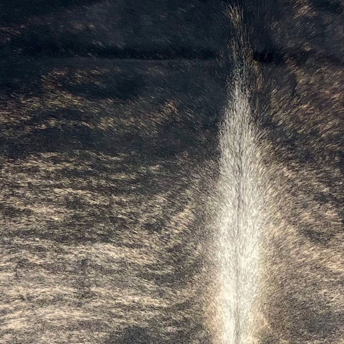 Closeup of this Colombian Brindle Cowhide, showing black with light tan, brindle markings, mostly black on the shoulder, and white down the spine  (COBR1749)