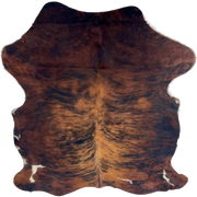 Reddish Brown and Black Colombian Cowhide: reddish brown with black, brindle markings, and a few small, white spots near the edge - 6'9" x 5'3" (COBR1750)