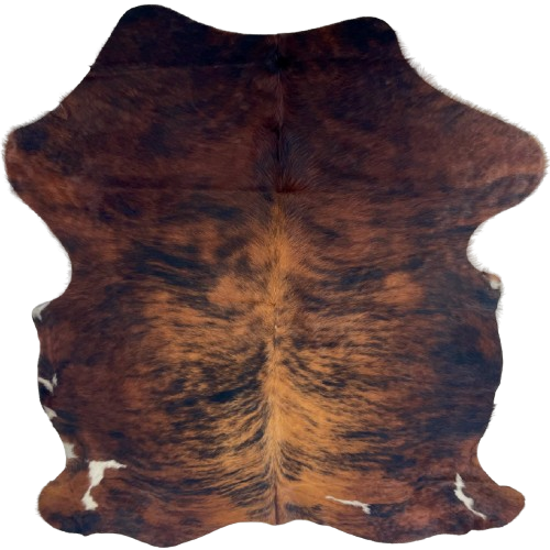 Reddish Brown and Black Colombian Cowhide: reddish brown with black, brindle markings, and a few small, white spots near the edge - 6'9" x 5'3" (COBR1750)