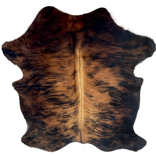 Reddish Brown and Black Colombian Brindle Cowhide: reddish brown with black, brindle markings, and longer hair on the shoulder, belly, and shanks - 6'5" x 4'10" (COBR1759)