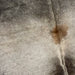 Closeup of this Gray Colombian Cowhide, showing dark gray on the shoulder and along part of the spine, light gray on the back, and a brown spot in the middle of the shoulder (COGR196)