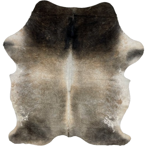Gray and Black Colombian Cowhide:  has a mix of gray and light beige, with dark gray on the shanks, black on the shoulder, and white down the spine - 6'7" x 5'1" (COGR223)