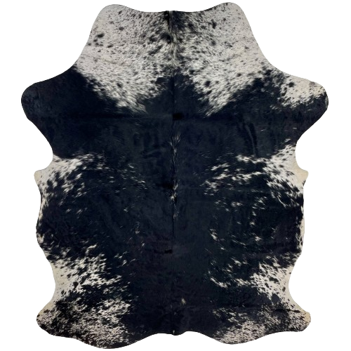 Black and White Speckled Colombian Cowhide:  black with white speckles and spots, and it has white with black speckles on the neck and part of the shoulder - 6'5" x 4'9" (COSP2267)