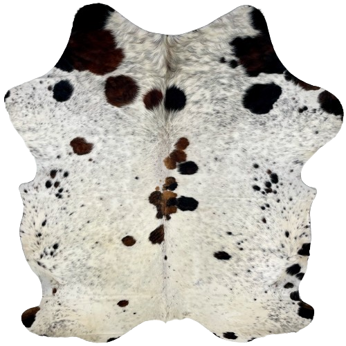 Tricolor Speckled Colombian Cowhide:  has a mix of white and off-white, with cloudy, black and brown speckles, and a few black and brown spots - 7' x 5'8" (COSP2389)