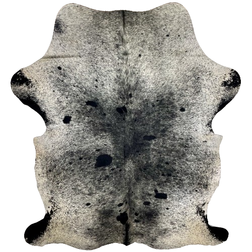 XL Black and White Speckled Colombian Cowhide:  white with black speckles and spots, and it has off-white, with black speckles and spots, on the belly and shanks - 8'1" x 5'8" (COSP2390)