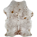 White and Brown Speckled Colombian Cowhide, 2 brand marks:  white with brown speckles and spots, and it has two brand marks on the right side of the butt - 7'4" x 5'2" (COSP2510)