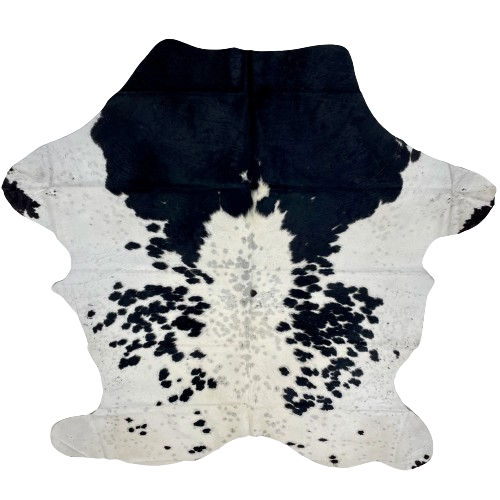 Black and White Speckled Colombian Cowhide:  white with small and large, black spots, and faint, cloudy, black speckles and spots - 7' x 5'5" (COSP2561)