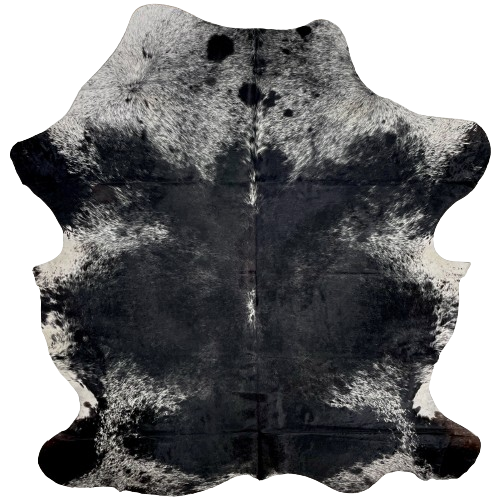 Large Black and White Speckled Colombian Cowhide:  black, with fine, white speckles on the back, and white, with black speckles and spots, on the belly, shanks, and shoulder - 7'7" x 5'11" (COSP2650)