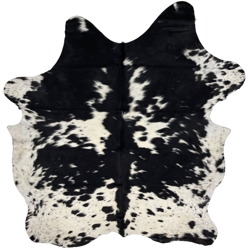 Large Black and White Speckled Colombian Cowhide:  white with black speckles, and large and small, black spots, and it has longer hair down the spine - 7'7" x 6'4" (COSP2651)