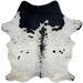 Off-White and Black Speckled Colombian Cowhide: off-white with black speckles and spots, blackish brown down part of the spine, and it has two brand marks on the left side of the butt - 7'1" x 5'3" (COSP2931)