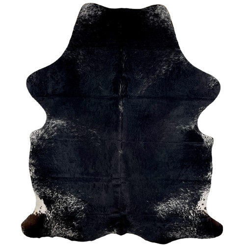 Large Black and White Colombian Cowhide: black with a few white speckles on the back, belly, butt, and shanks - 7'11" x 5'8" (COSP3185)