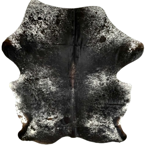 Large Black and White Speckled Colombian Cowhide: black with white speckles and spots, a few small, dark brown spots, and dark brown down part of the spine - 7'8" x 5'9" (COSP3346)